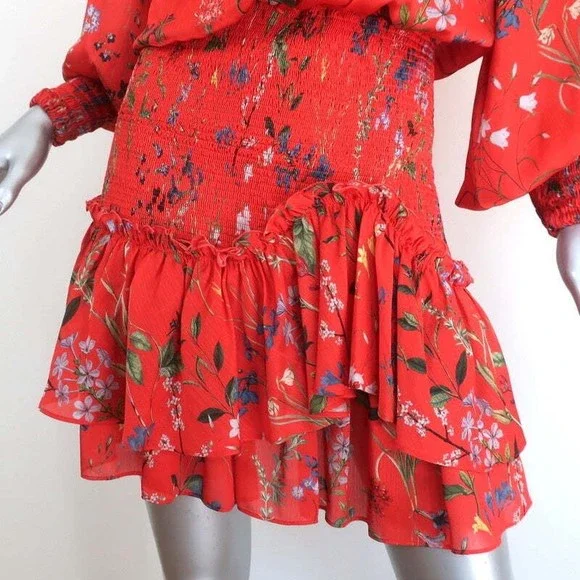 Alexis Mini Dress Rianna Red Floral Print Smocked Satin Size Extra Small - Picture 3 of 7